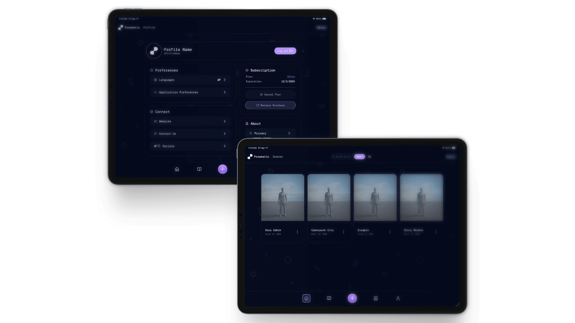 Posematic app on two tablets: Scenes library and Profile with bento-style settings
