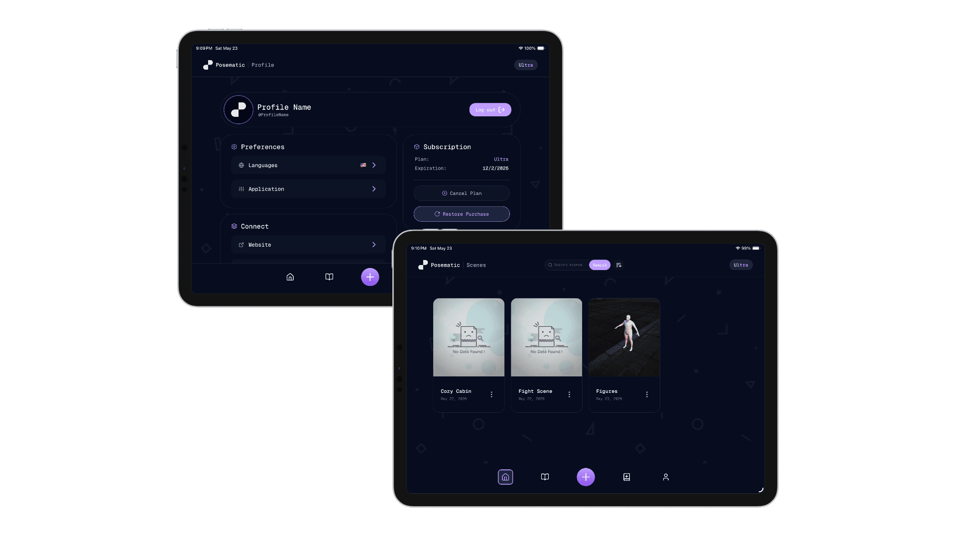 Posematic app on two tablets: Scenes library and Profile with bento-style settings