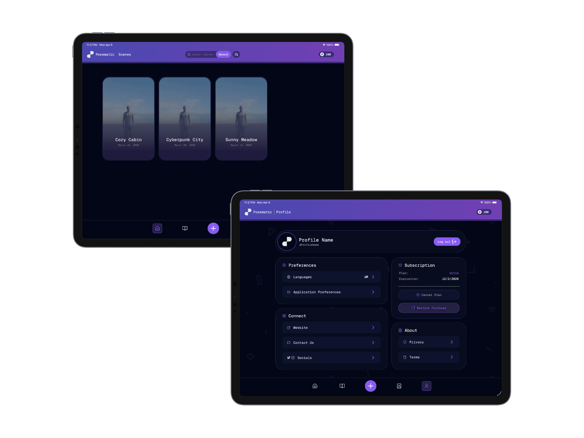 Posematic app on two tablets: Scenes library and Profile with bento-style settings