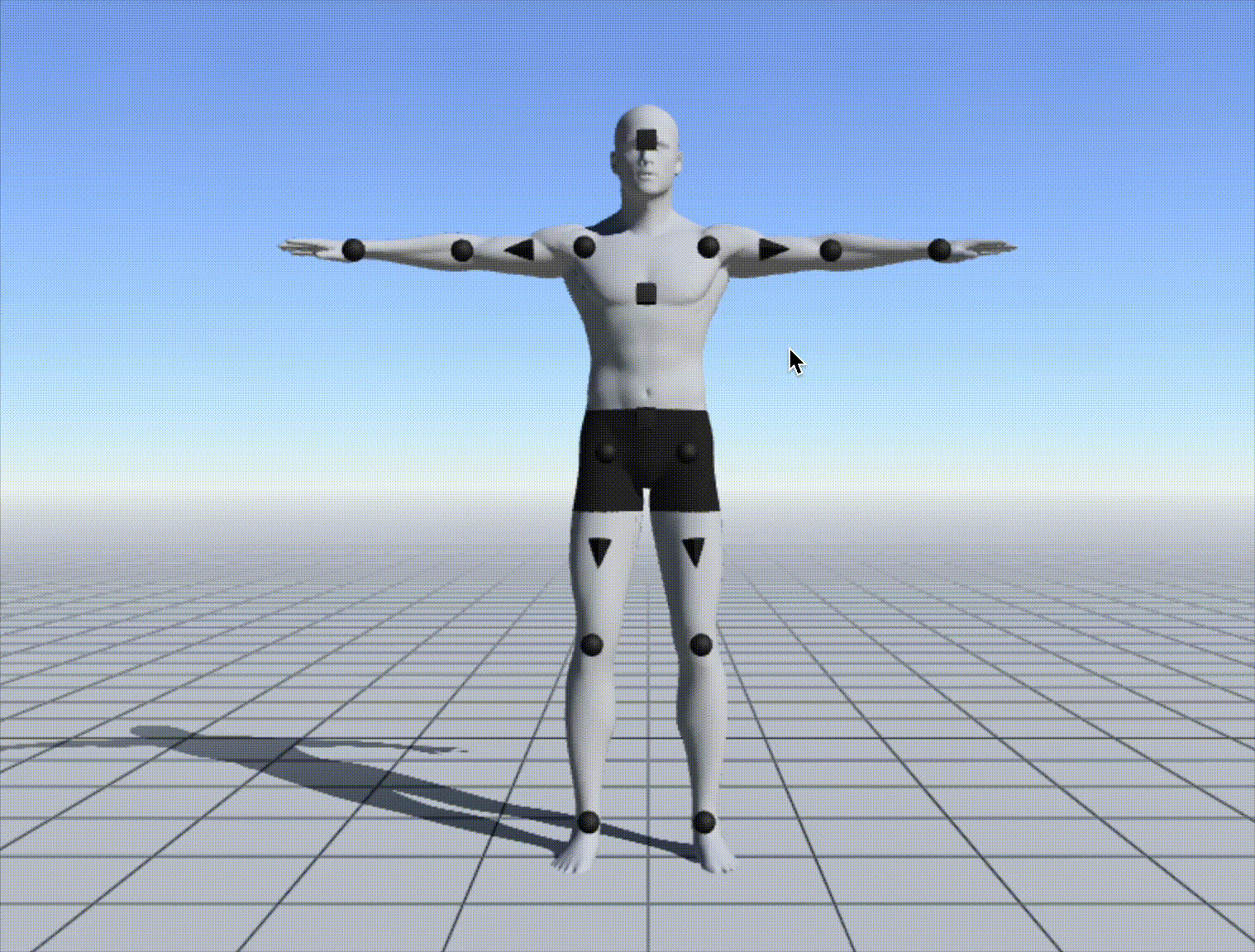 3D mannequin with pose markers transitioning from T-pose to a dynamic pose on a grid