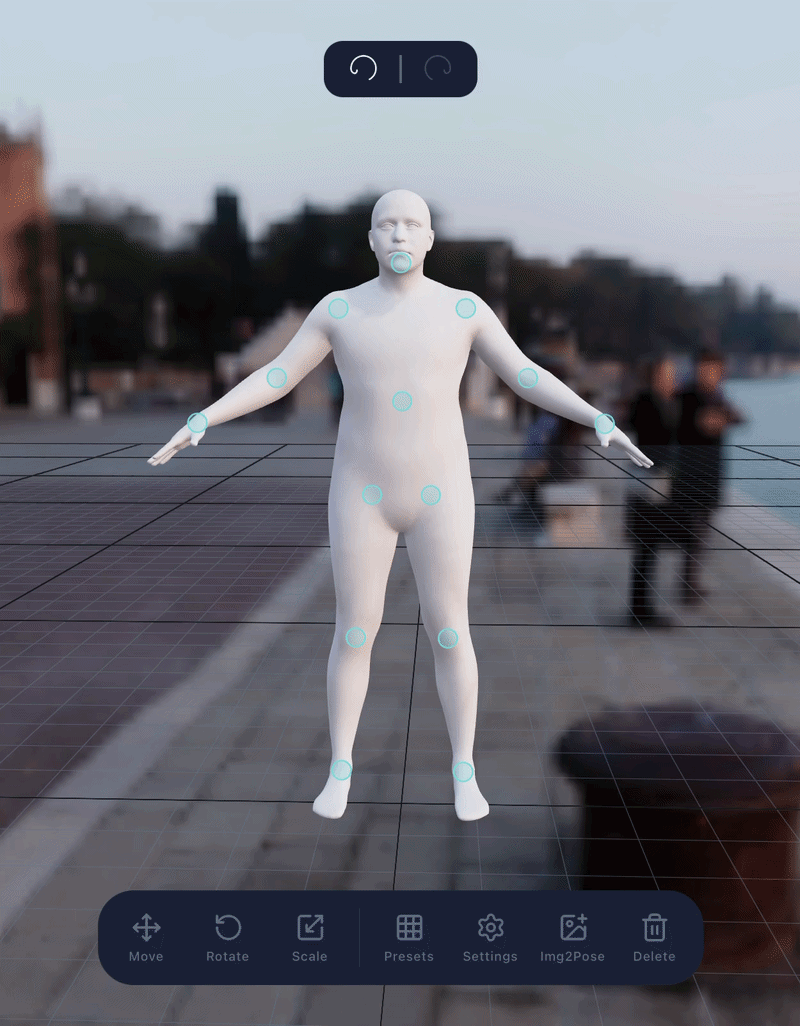 3D mannequin with pose markers transitioning from T-pose to a dynamic pose on a grid